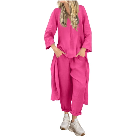 Ladies 2 Piece Pants Outfits Fall 2 Piece Outfits for Women 2025 Women'S Spring/Summer Round Neck Casual Solid Color Cotton/Linen Long Sleeve Pants Suit