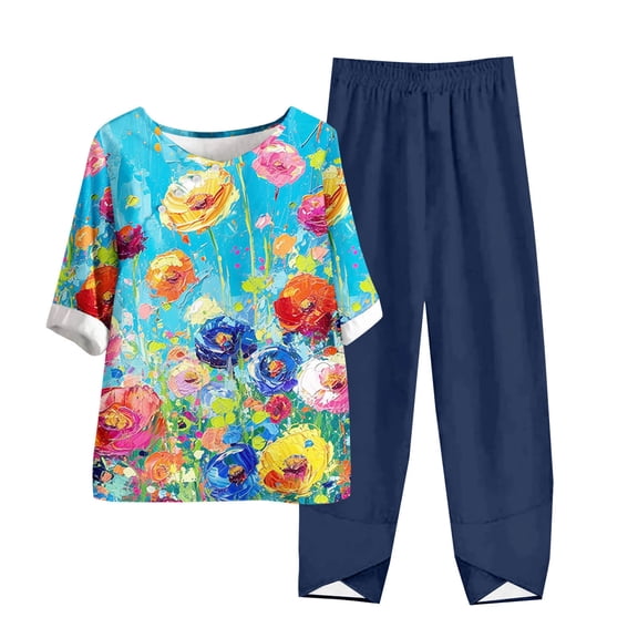 Ladies 2 Piece Pants Outfits Two Piece Pants Outfit Women's Casual Round Neck Short Sleeve Top And Pants Digital Printing Two-piece Set Get it Fast