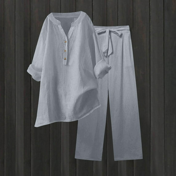 Ladies 2 Piece Pants Outfits Two Piece Sets Plus Size Women's Fashion Two Piece Workout Gym Lounge Travel Matching Vacation Solid Color And Linen Loose Casual Suit My Items