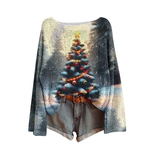 Ladies' 2025 Christmas Printed Knitted Sweater - Round Neck Long Sleeve Pullover, Festive Snowflake & Reindeer Print, Chic Autumn Top for Holiday Gatherings/Office/Weekend Dates