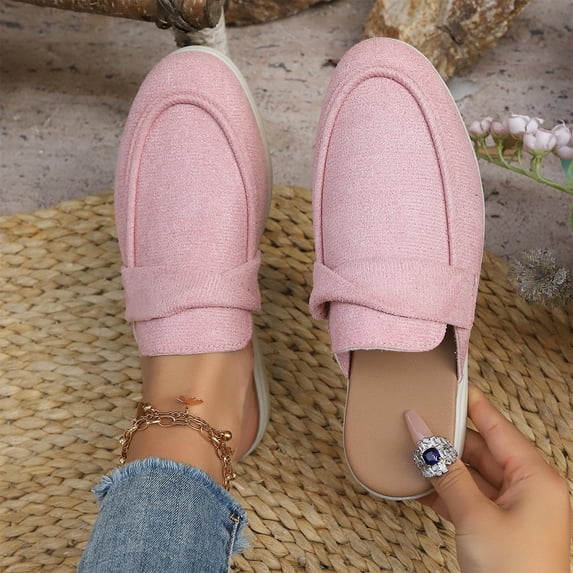 Ladies 2026 Summer Flat Shoes Ethnic Solid Color Closed Toe Backless Mules Soft Sole Lightweight Cushioned Orthopedic Arch Support Wide Toe Box Comfort Walking Daily Footwear Pink 38