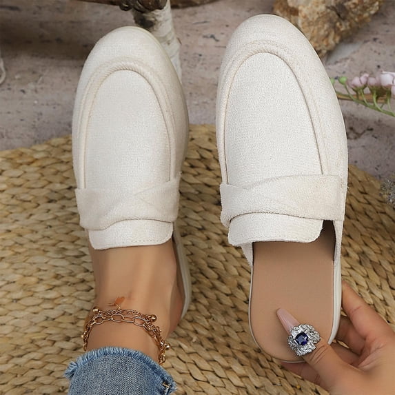 Ladies 2026 Summer Flat Shoes Ethnic Solid Color Closed Toe Backless Mules Soft Sole Lightweight Cushioned Orthopedic Arch Support Wide Toe Box Comfort Walking Daily Footwear White 38