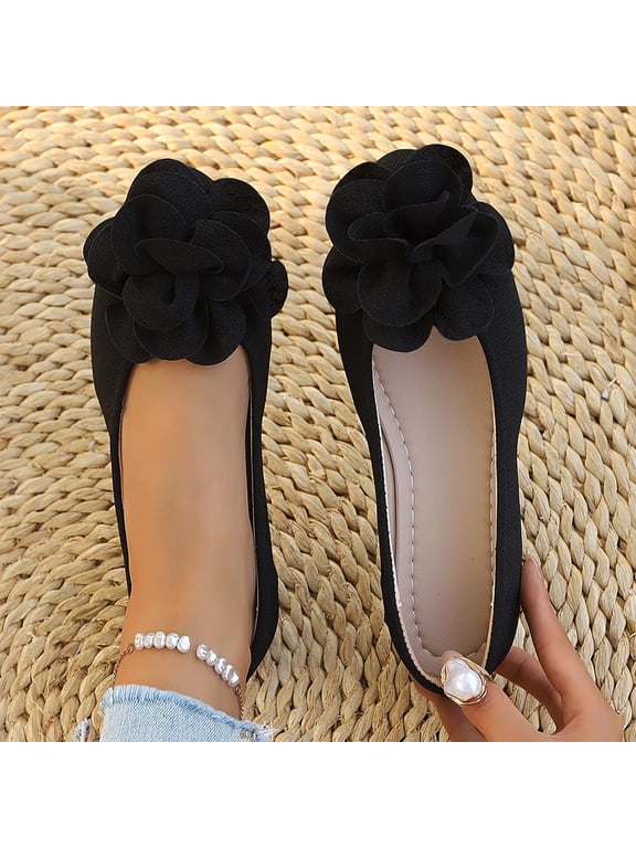 Ladies 2026 Summer Flat Shoes Solid Color Pointed Toe Floral Accent Soft Sole Slip On Lightweight Cushioned Orthopedic Arch Support Wide Toe Box Comfort Walking Daily Footwear Black 41