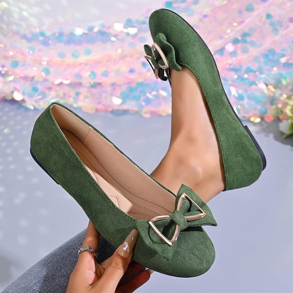Ladies 2026 Summer Flat Shoes Solid Color Vintage Bow Low Cut Soft Sole Slip On Lightweight Cushioned Orthopedic Arch Support Wide Toe Box Comfort Walking Daily Footwear Green 39
