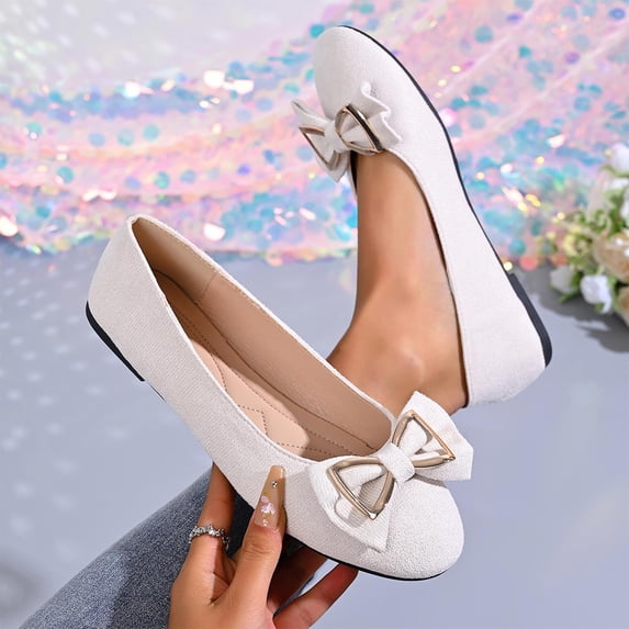 Ladies 2026 Summer Flat Shoes Solid Color Vintage Bow Low Cut Soft Sole Slip On Lightweight Cushioned Orthopedic Arch Support Wide Toe Box Comfort Walking Daily Footwear White 37