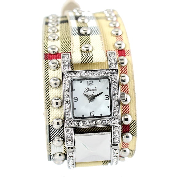 Ladies 2Tone designer stlye leather casual clubbing watch 37mm11mm thick case. CZ bezel, MOP dial, 12mm wide 2tone brown leather strap fits 9.5 inches wrists.