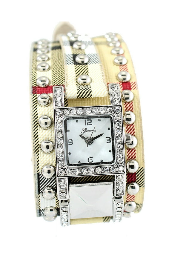 Ladies 2Tone designer stlye leather casual clubbing watch 37mm11mm thick case. CZ bezel, MOP dial, 12mm wide 2tone brown leather strap fits 9.5 inches wrists.