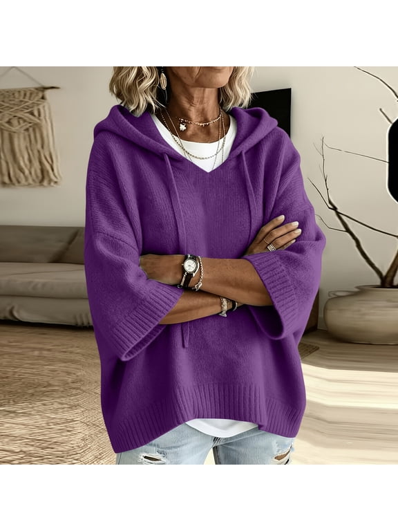 Ladies 3/4 Batwing Sleeve Oversized Solid Color Knit Hooded Pullover Drawstring Casual Daily Top