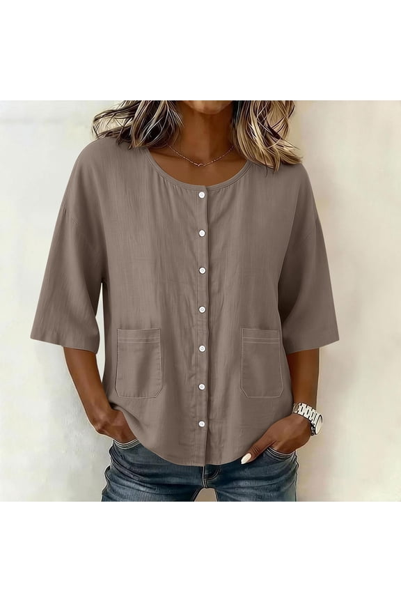 Ladies' 3/4 Sleeve Slub Linen Button Top, Breathable Casual Blouse, easy fit, A-Line Cut, Summer Essential, Easy Care