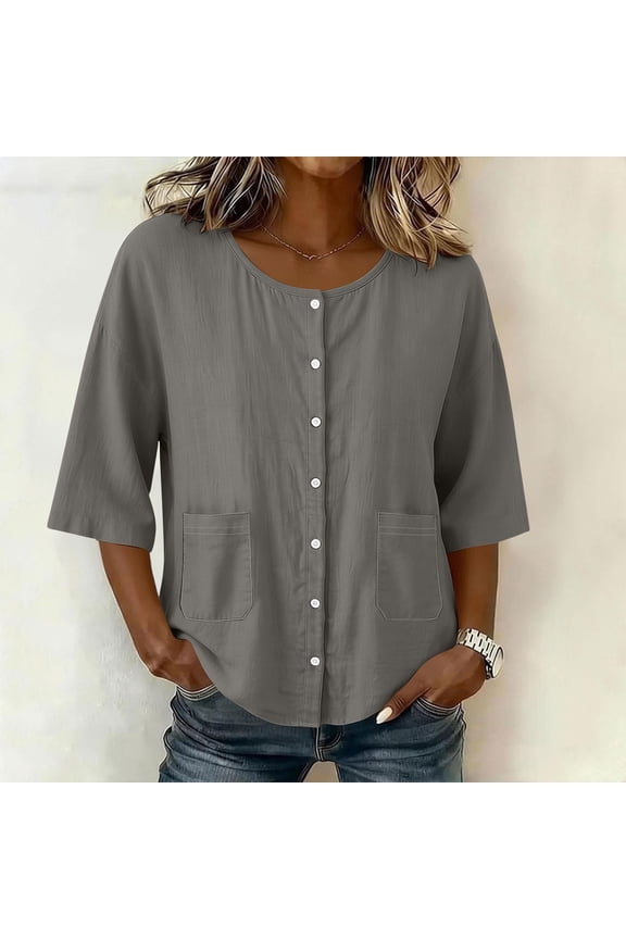 Ladies' 3/4 Sleeve Slub Linen Button Top, Breathable Casual Blouse, easy fit, A-Line Cut, Summer Essential, Easy Care