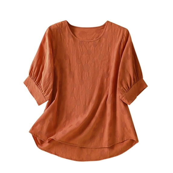 Ladies 3/4 Sleeves Tops Women's 3/4 Sleeve Cotton Shirts, Crewneck Gauze Tunic Blouse, Summer Lightweight Loose Casual Vintage Tops Orange XL