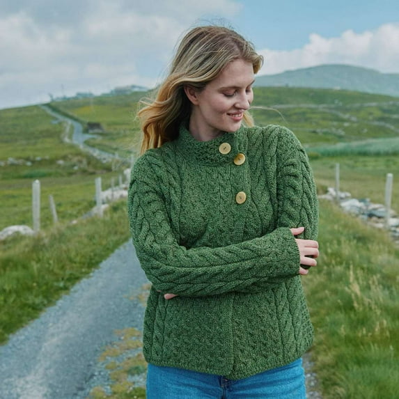 Ladies 3 Button Meadow Green Cardigan Sweater, Size Medium Made By Aran Woollen Mills