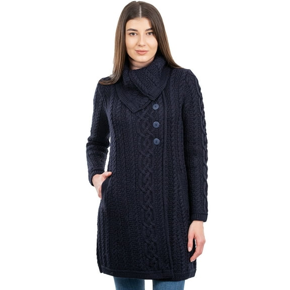 SAOL Traditional Irish Aran Long Cardigan Sweater Women's Wool Cable Knitted Coatigan Jacket | Button Closure, Side Pockets and Oversized Collar Side Pockets and Oversized Collar