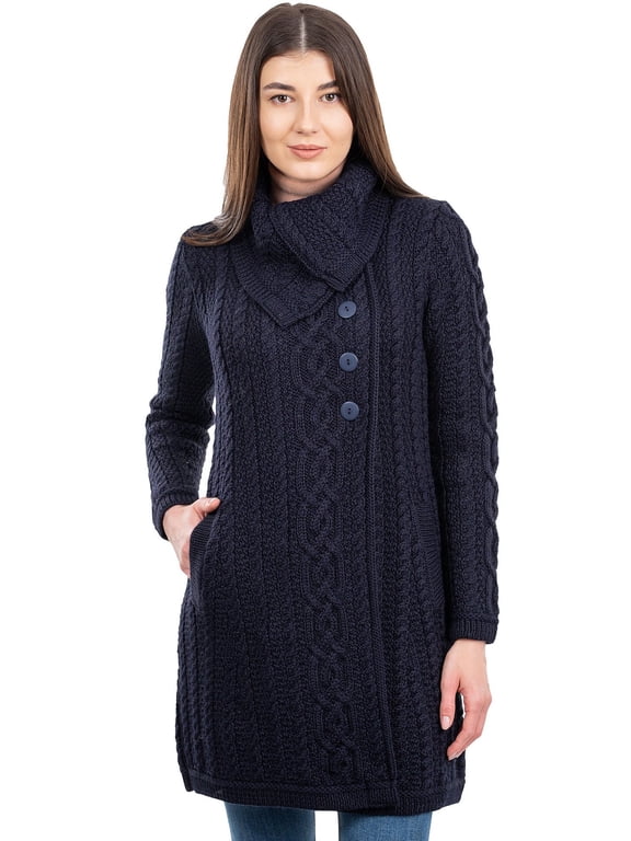 Traditional Irish Aran Long Cardigan Sweater Women's Wool Cable Knitted Coatigan Jacket | Button Closure, Side Pockets and Oversized Collar Side Pockets and Oversized Collar