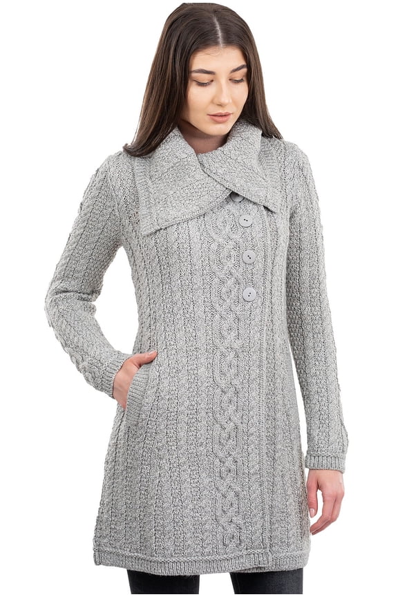 Traditional Irish Aran Long Cardigan Sweater Women's Wool Cable Knitted Coatigan Jacket | Button Closure, Side Pockets and Oversized Collar Side Pockets and Oversized Collar