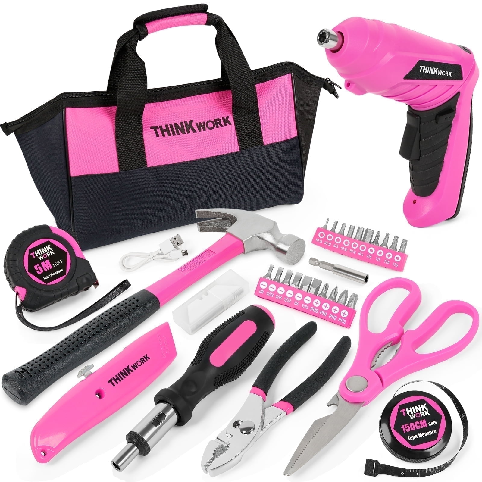 THINKWORK 41-Piece Pink Tool Kit for Women - Ladys Tool Set with Rechargeable 3.6V Electric Screwdriver & Wide-Access Tool Bag, Ideal for Home DIY and Daily Maintenance