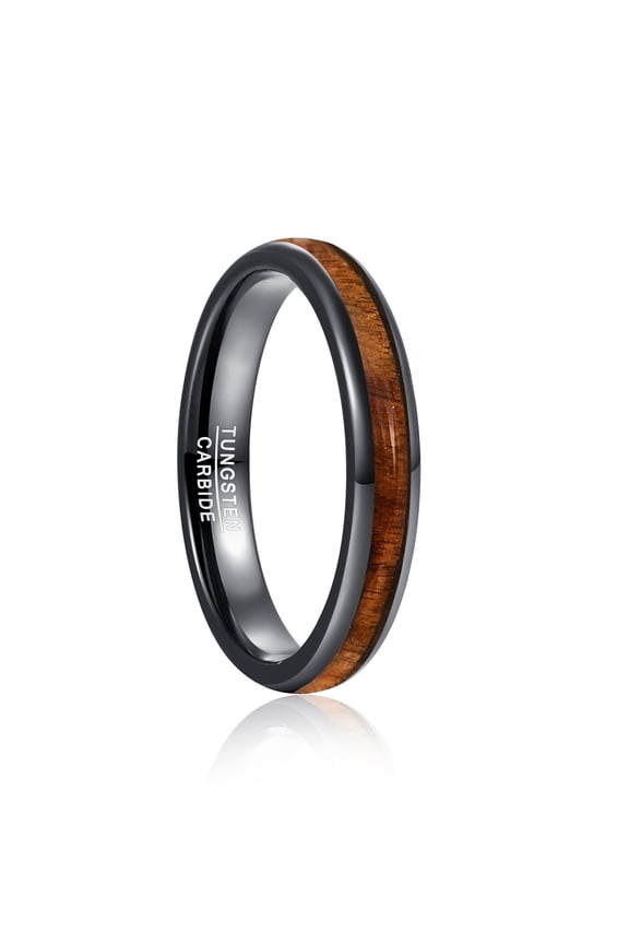 Ladies’4MM Black Polish Inlaid Wood Grain Tungsten Carbide Ring