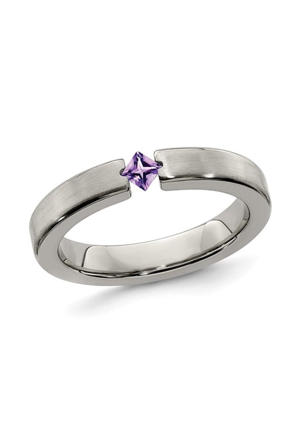 Gem & Harmony Ladies 4mm Brushed Titanium Wedding Band Ring with Amethyst for Women