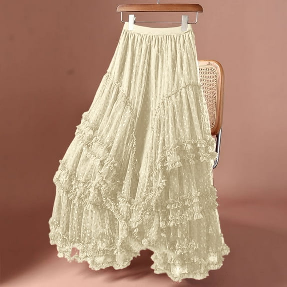 Ladies' A-Line Love Pattern Mesh Tulle Midi Skirt - Beige