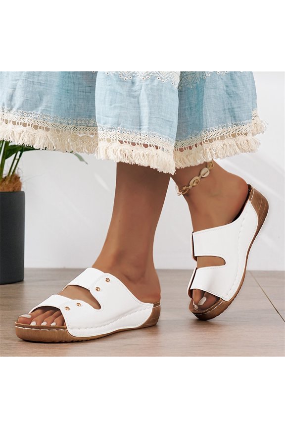 Ladies' Adjustable Strap Rivet Wedge Slides, Soft Non‑slip Cushioned Slip‑on Breathable Summer Daily Footwear White 36