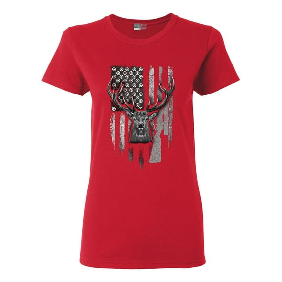 Ladies American Flag Hunting Deer Patriotic Support DT T-Shirt Tee