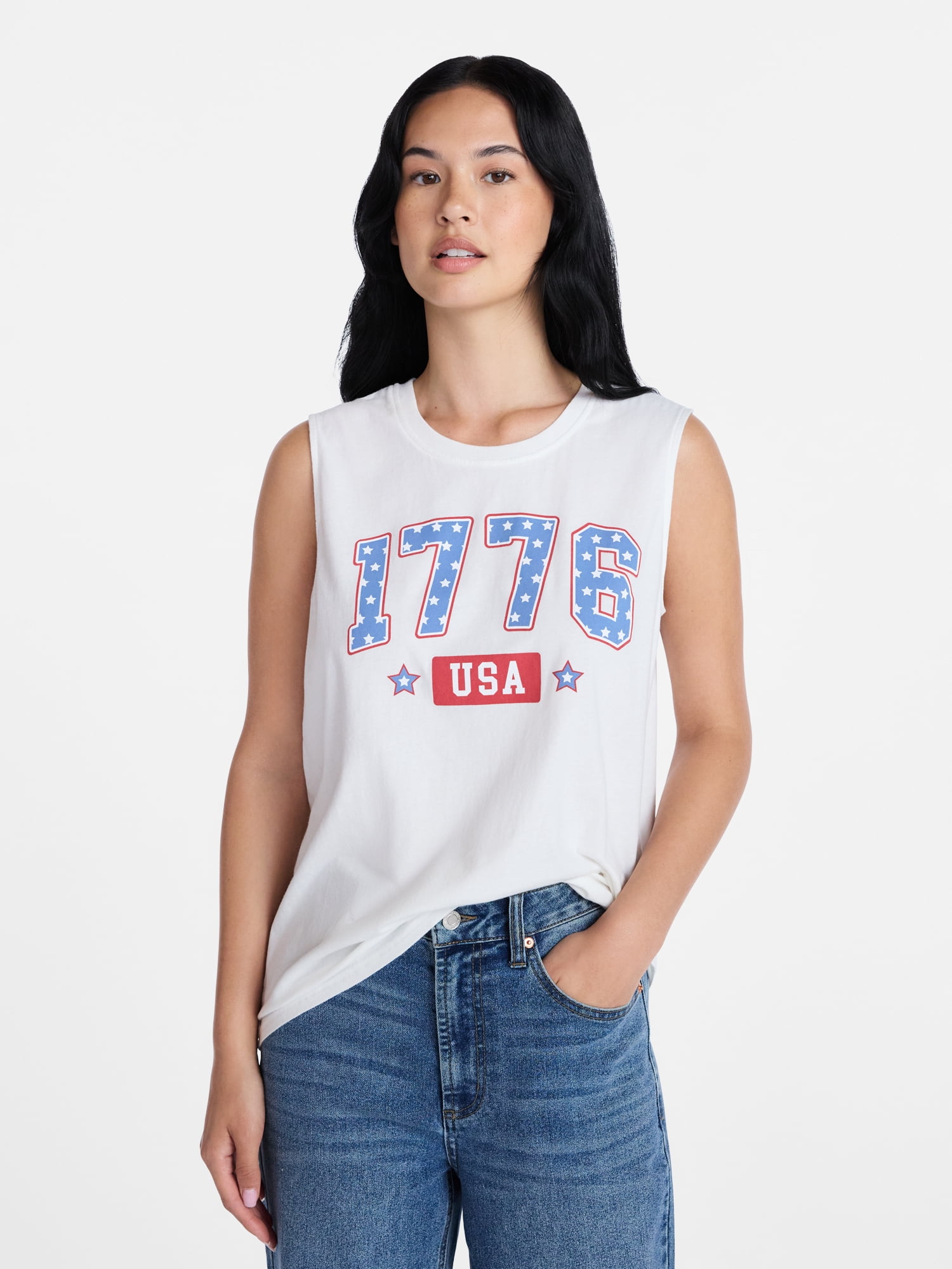 Americana Women's Seventy Six Stars Graphic Muscle Tank Top from Way to Celebrate, Sizes S-XXXL