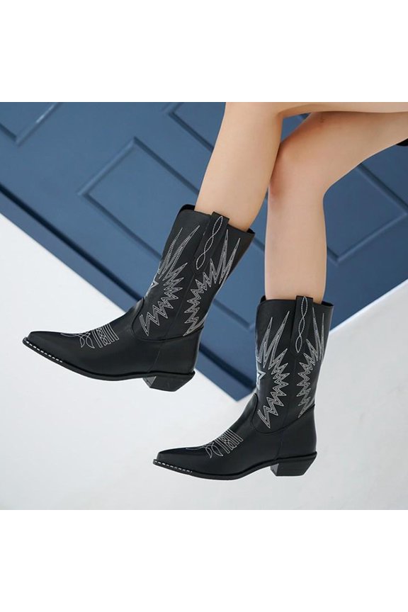 Ladies' And Winter Vintage With A Center Heel And Embroidered Thread Pointed And Thick Heel Sexy Midsole Boots