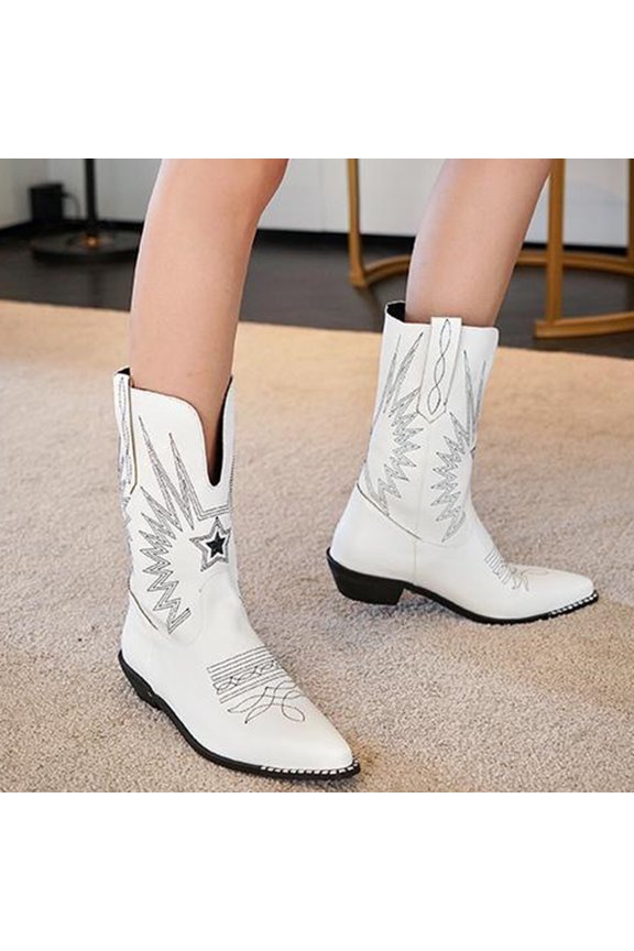 Ladies' And Winter Vintage With A Center Heel And Embroidered Thread Pointed And Thick Heel Sexy Midsole Boots