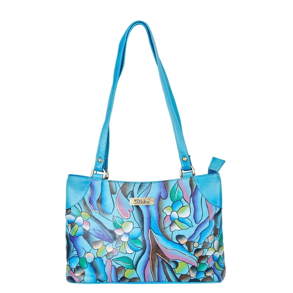 Sishka Womens Original Hand Painted Abstract Art Aqua Blue Leather Shoulder Bag Stylish Bag for Work, Travel & Daily Use