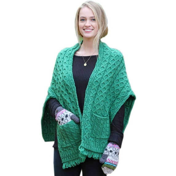 Ladies Aran Woollen Irish Wool Wrap with Pockets, Green, One size