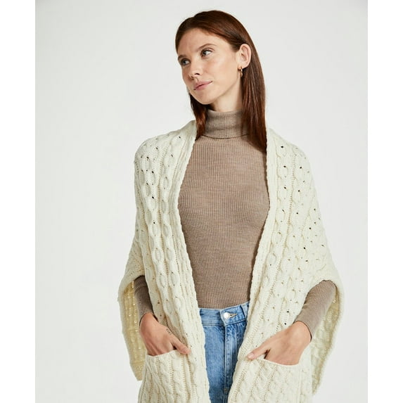 Ladies Aran Woollen Irish Wool Wrap with Pockets, Natural, One size