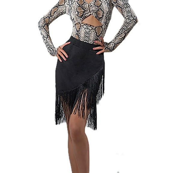 Ladies Asymmetric Fringe Skirt Elastic Waistband A-Line Skirt For Latin Dance Practice Routines