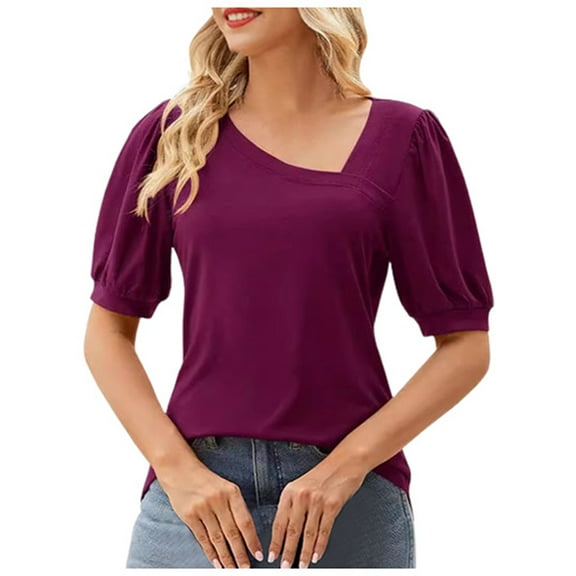 Ladies' Asymmetrical Slanted V Neck Comfortable Casual Slim Fit Short Sleeve Top - Women's T-Shirts for Everyday Wear