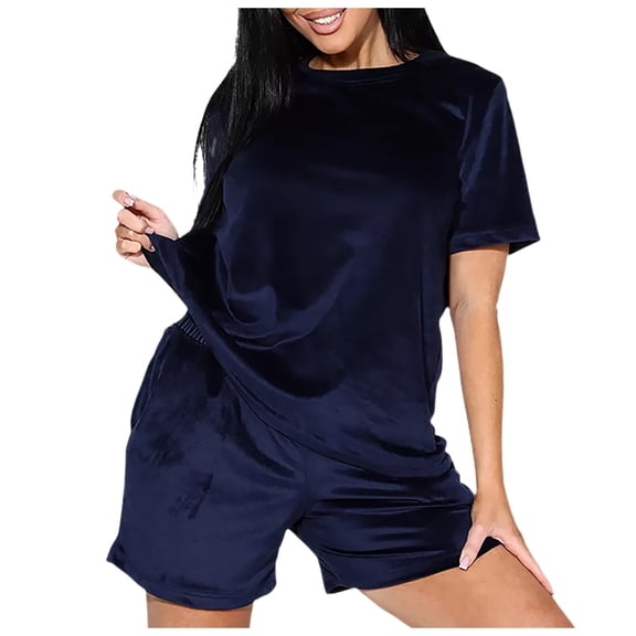 Ladies Autumn And Winter Loose Plus Size Pajamas Gold Velvet Round Neck Solid Color Warm Short Sleeved Shorts Home Clothes