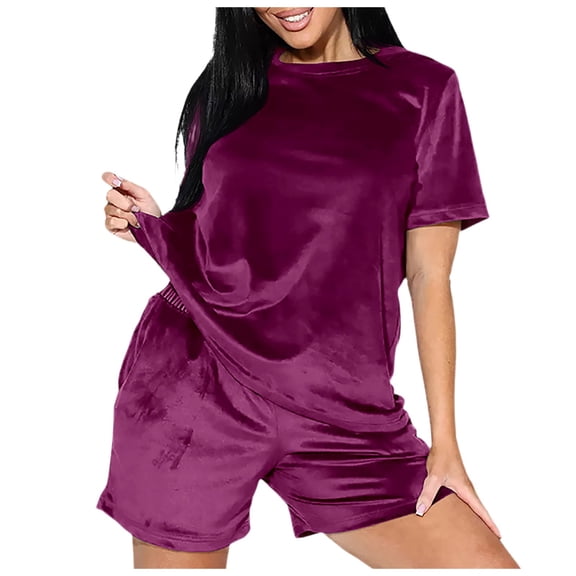 Ladies Autumn And Winter Loose Plus Size Pajamas Gold Velvet Round Neck Solid Color Warm Short Sleeved Shorts Home Clothes