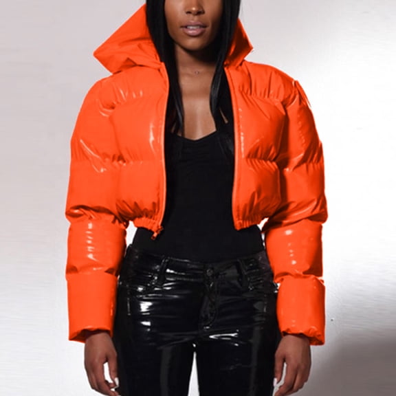 Ladies Autumn And Winter Warm Short Shiny Padded Hooded Leather Jacket