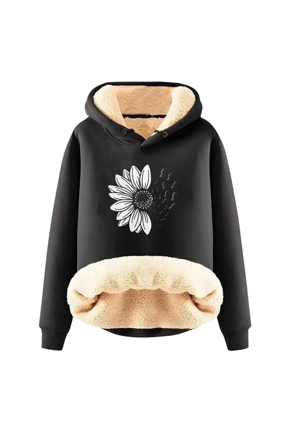 Ladies' Autumn And Winter Casual Chrysanthemum Print With Thick For Warmth Solid Color And Color Cardigan Lamb Hooded Sweatshirt Jacket Tunic Length Sweatshirt Snap Front Hoodie Women Zip up