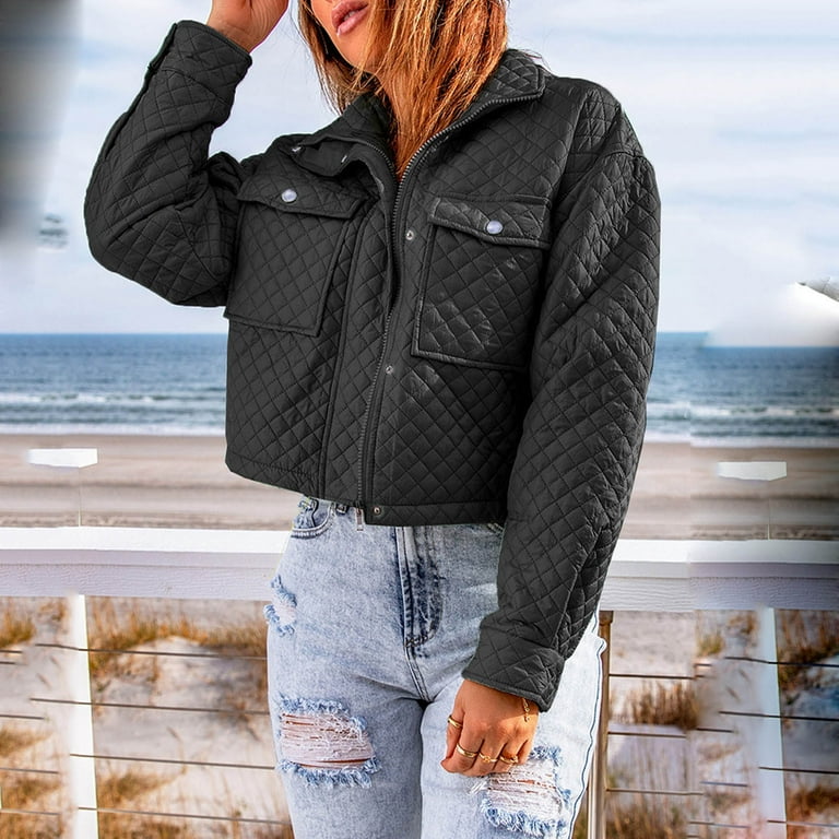 Ladies Autumn Winter Casual Short Loose Padded Jacket Button Pocket Jacket Walmart