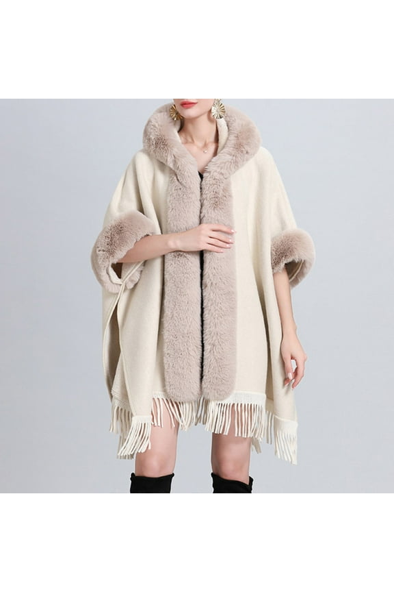 Ladies Autumn Winter Imitation Collar Hooded Shawl Cape Ladies Woolen Coat Large Size Cardigan Bed Jackets for Women Velour Formal Coat for Women Evening Wear Sweater Dress for Women Satin Lined
