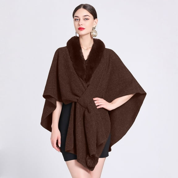 Ladies Autumn Winter Imitation Collar Hooded Shawl Cape Ladies Woolen Coat Large Size Cardigan Dress for Women Winter Wraps for Women Warm Wrap Shawl Coat for Women with Hood Beaded Shawl Wrap Shawl