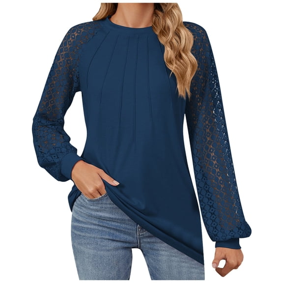 Ladies Autumn Winter Lace Patchwork Round Neck Long Sleeve Top - Loose Fit Casual Blouse with Lace Detailing, Suitable for Daily/Party/Outdoor Occasions, Machine Washable