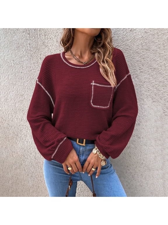 Ladies Autumn And Winter Loose Top Solid Color Hoodless Pullover Knit Sweater Pales Sweaters for Women with Pocket Very Nice Looking Extra Large Sweatshirt Nylon Sweatshirt Pullover Life Vest Fruit of