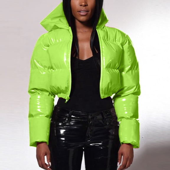 Ladies Autumn And Winter Warm Short Shiny Padded Hooded Leather Jacket Womens Warm Wool Winter Jacket Winter Clothes for Women Jacket Long Coats for Women Fashion plus Size Mean Jacket Insulated down