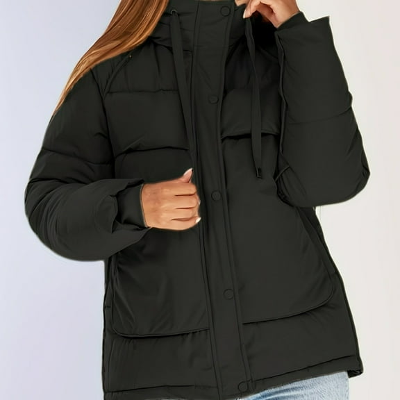 Ladies' Autumn and Winter Warm Coat Fashionable and Simple Casual Hooded Drawstring Button Large Pocket Jacket Solid Color Campus Warm Coat