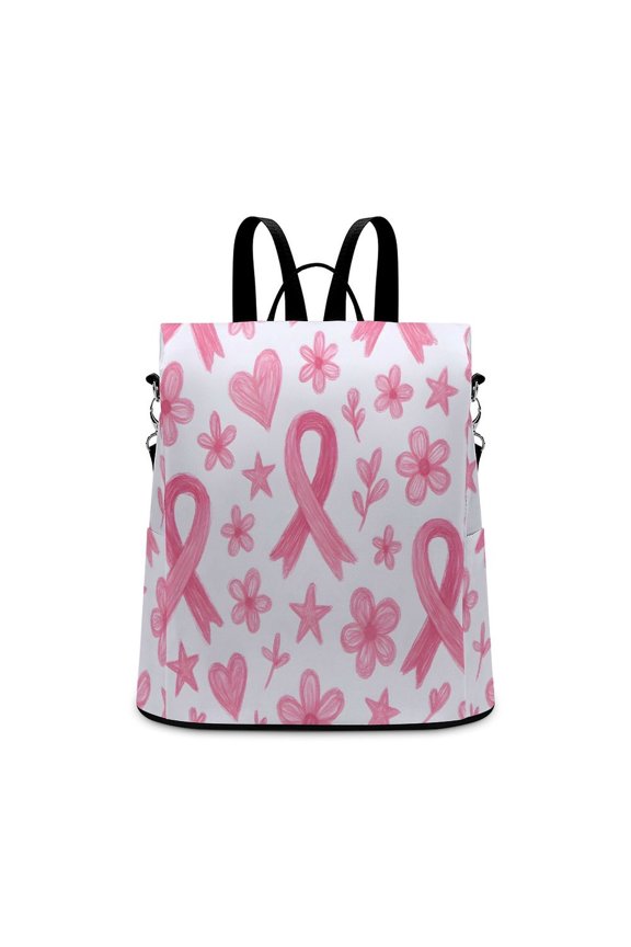 Ladies Backpack Anti-Theft Travel Bag Rear Zipper Pocket Splash Resistant Wear Resistant And Easy To Clean For Travel Work Shopping Artistic Pink Ribbon Pattern with Sketched Elements