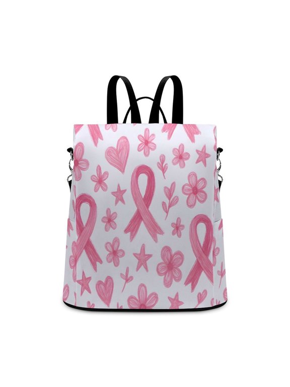 Ladies Backpack Anti-Theft Travel Bag Rear Zipper Pocket Splash Resistant Wear Resistant And Easy To Clean For Travel Work Shopping Artistic Pink Ribbon Pattern with Sketched Elements