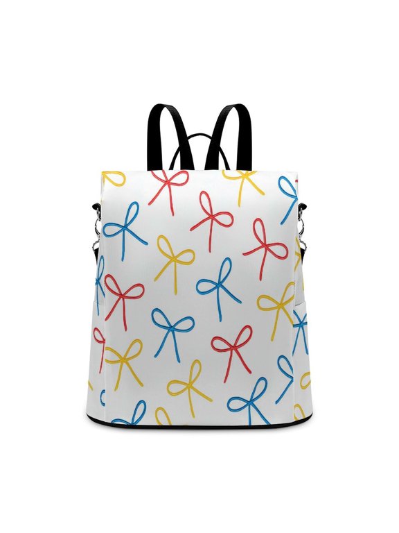 Ladies Backpack Anti-Theft Travel Bag Rear Zipper Pocket Splash Resistant Wear Resistant And Easy To Clean For Travel Work Shopping Playful Thin Cartoon Primary Color Ribbon Bow Pattern