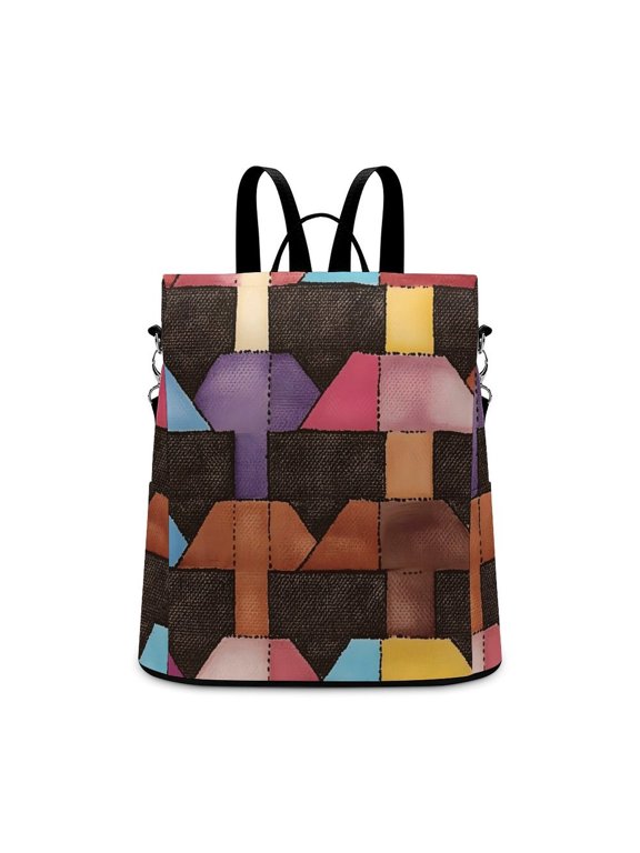 Ladies Backpack Anti-Theft Travel Bag Rear Zipper Pocket Splash Resistant Wear Resistant And Easy To Clean For Travel Work Shopping SaddleBrown Colorful Houndstooth Hand-drawn Sketch_2