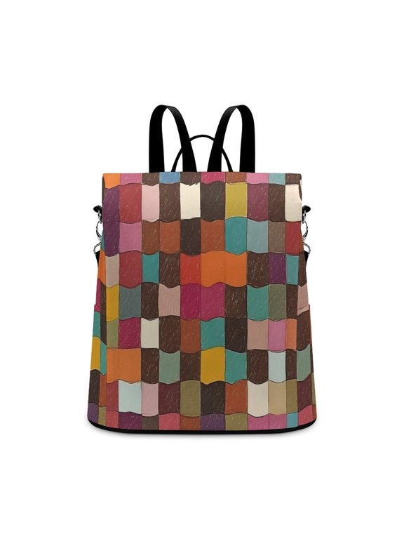 Ladies Backpack Anti-Theft Travel Bag Rear Zipper Pocket Splash Resistant Wear Resistant And Easy To Clean For Travel Work Shopping SaddleBrown Colorful Houndstooth Hand-drawn Sketch_4
