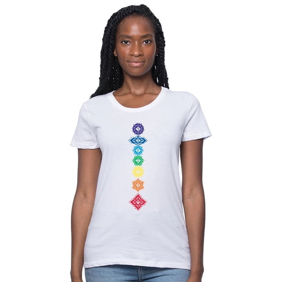 Ladies Bamboo/Organic Cotton Floral Chakras Yoga Tee - Made in USA, Frost White, Large